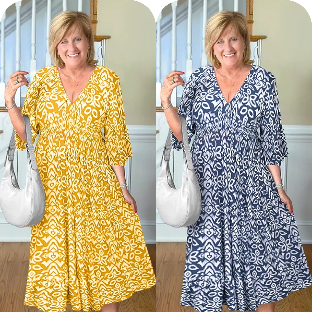 LAST DAY SALE 80% OFF - Bohemian Casual Print V-Neck Shirred Waist Long Dress