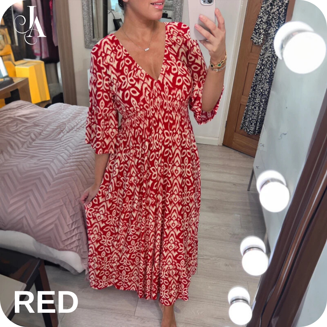 LAST DAY SALE 80% OFF - Bohemian Casual Print V-Neck Shirred Waist Long Dress