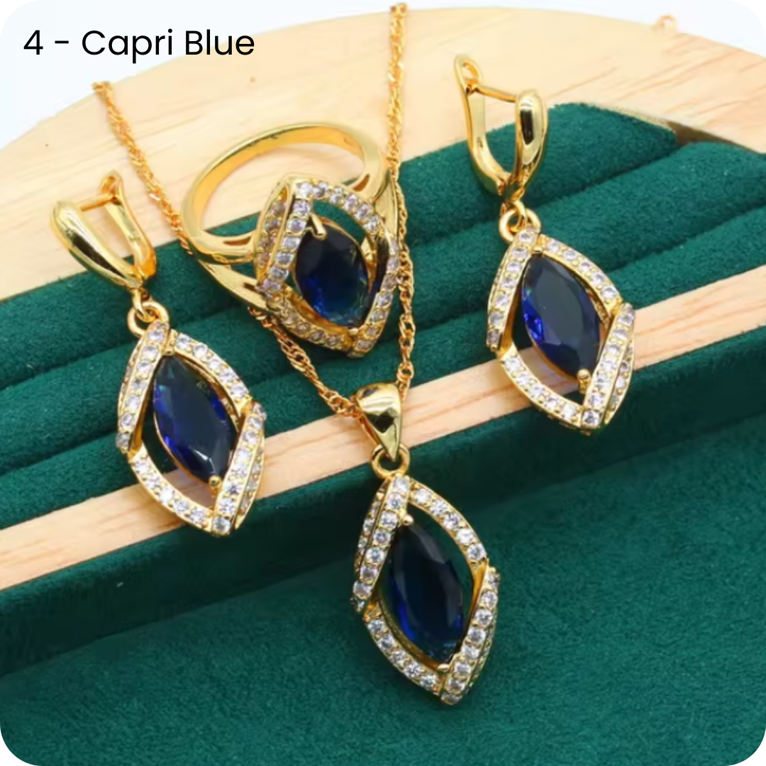 Dazzling Gold Female Jewelry - Sets 18K Gold Plated Peridot Ruby Pendant Earring Bracelet & Ring Set