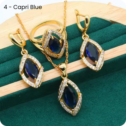 Dazzling Gold Female Jewelry - Sets 18K Gold Plated Peridot Ruby Pendant Earring Bracelet & Ring Set
