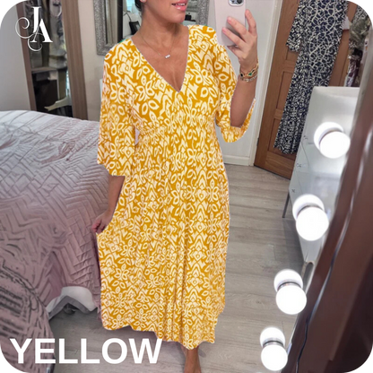 LAST DAY SALE 80% OFF - Bohemian Casual Print V-Neck Shirred Waist Long Dress