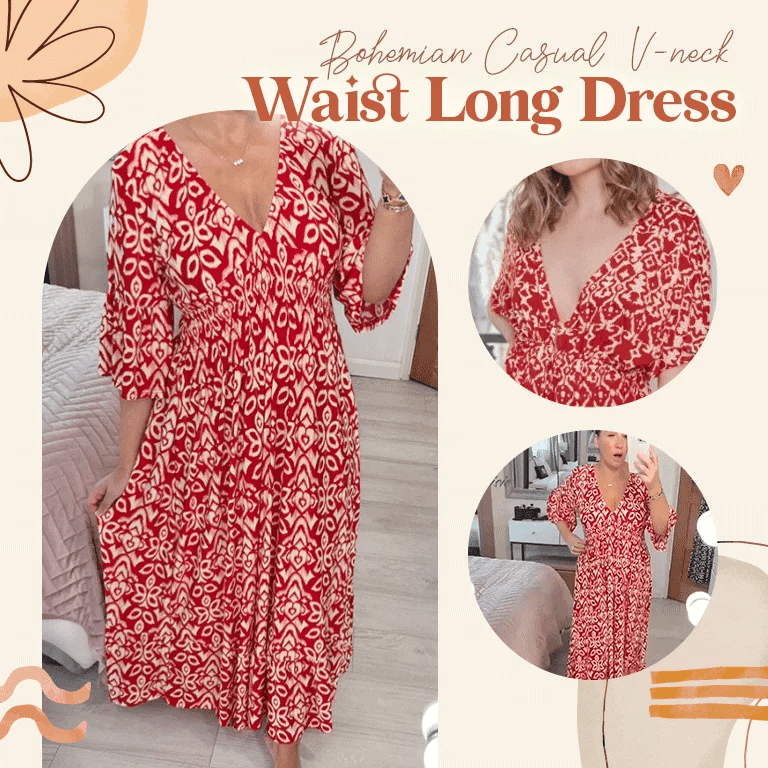 LAST DAY SALE 80% OFF - Bohemian Casual Print V-Neck Shirred Waist Long Dress