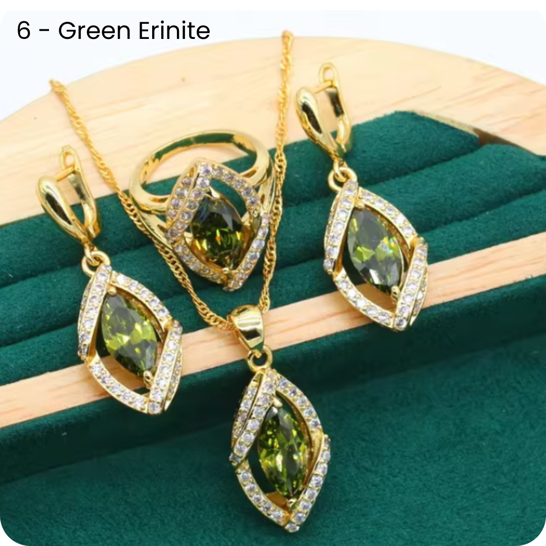 Dazzling Gold Female Jewelry - Sets 18K Gold Plated Peridot Ruby Pendant Earring Bracelet & Ring Set
