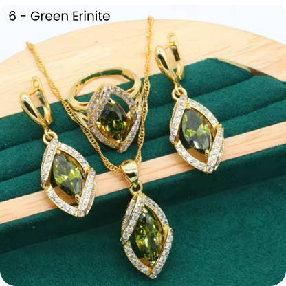 Dazzling Gold Female Jewelry - Sets 18K Gold Plated Peridot Ruby Pendant Earring Bracelet & Ring Set
