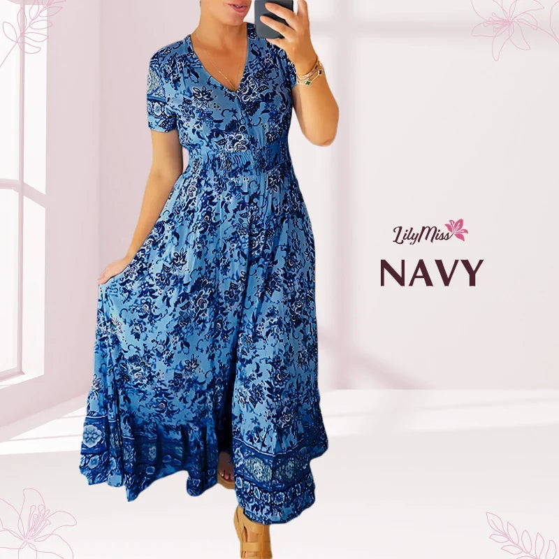 LilyMiss - Floral Casual Print V-Neck Shirred Waist Long Dress