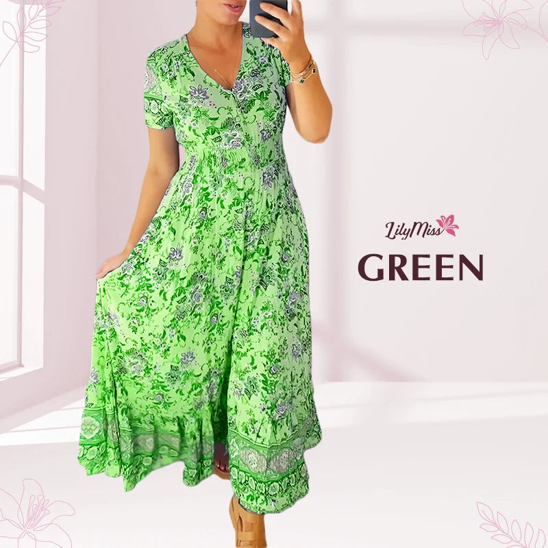 LilyMiss - Floral Casual Print V-Neck Shirred Waist Long Dress