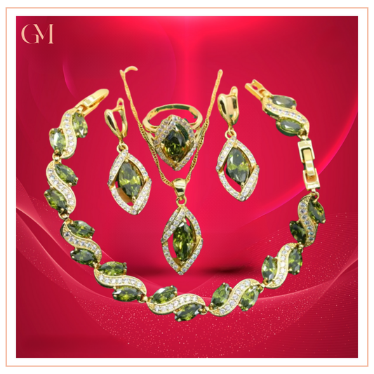 Dazzling Gold Female Jewelry - Sets 18K Gold Plated Peridot Ruby Pendant Earring Bracelet & Ring Set