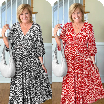 LAST DAY SALE 80% OFF - Bohemian Casual Print V-Neck Shirred Waist Long Dress
