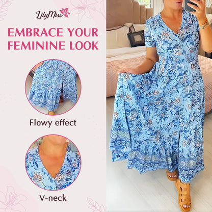 LilyMiss - Floral Casual Print V-Neck Shirred Waist Long Dress