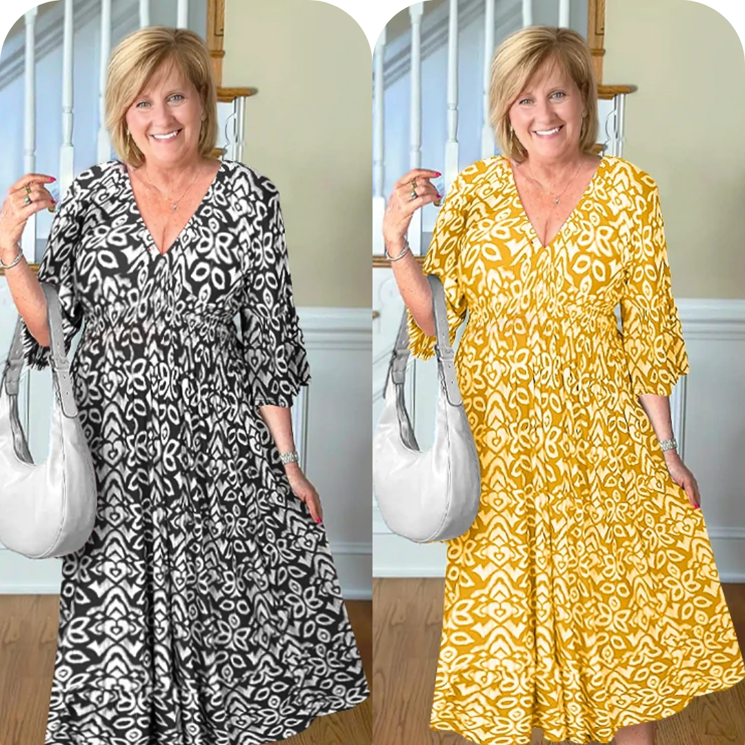 LAST DAY SALE 80% OFF - Bohemian Casual Print V-Neck Shirred Waist Long Dress