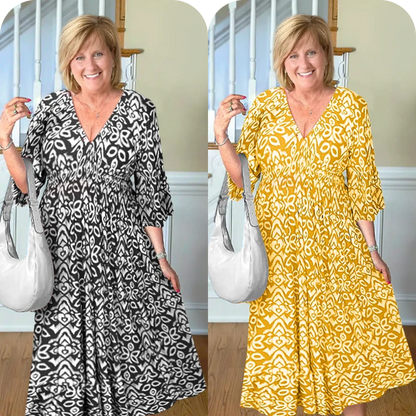 LAST DAY SALE 80% OFF - Bohemian Casual Print V-Neck Shirred Waist Long Dress