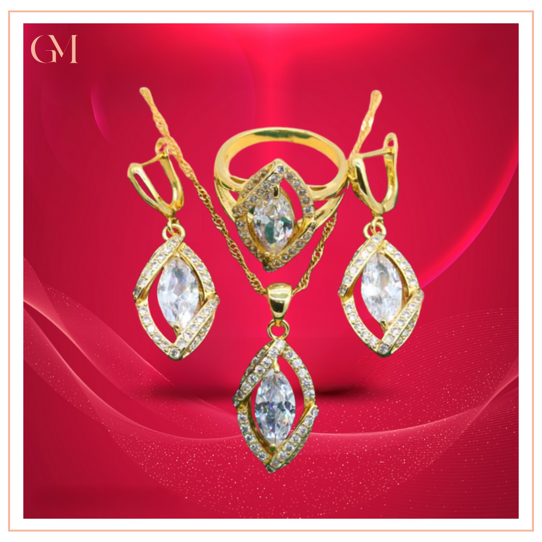 Dazzling Gold Female Jewelry - Sets 18K Gold Plated Peridot Ruby Pendant Earring Bracelet & Ring Set