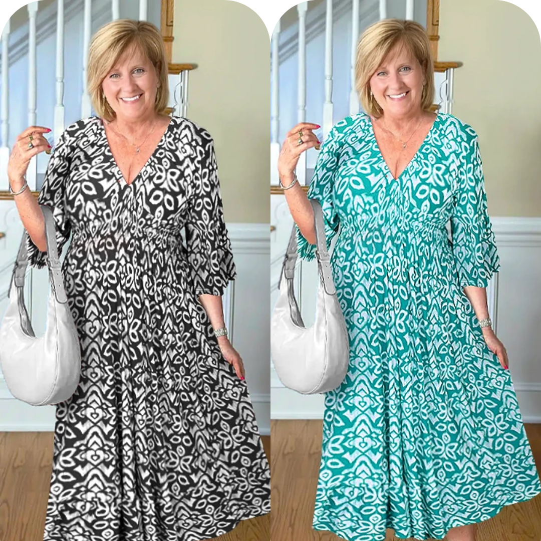 LAST DAY SALE 80% OFF - Bohemian Casual Print V-Neck Shirred Waist Long Dress