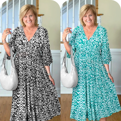LAST DAY SALE 80% OFF - Bohemian Casual Print V-Neck Shirred Waist Long Dress