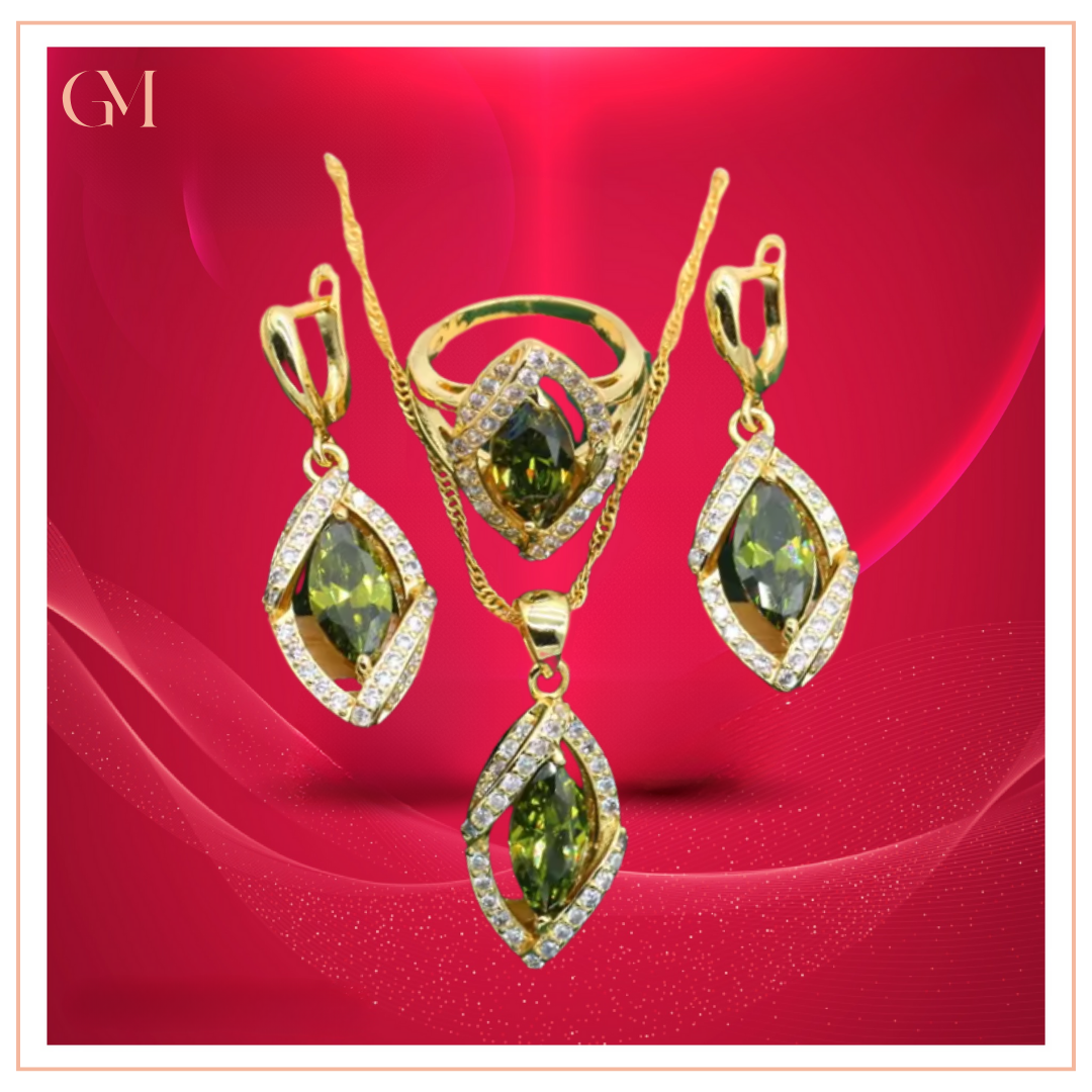 Dazzling Gold Female Jewelry - Sets 18K Gold Plated Peridot Ruby Pendant Earring Bracelet & Ring Set