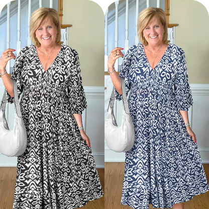 LAST DAY SALE 80% OFF - Bohemian Casual Print V-Neck Shirred Waist Long Dress