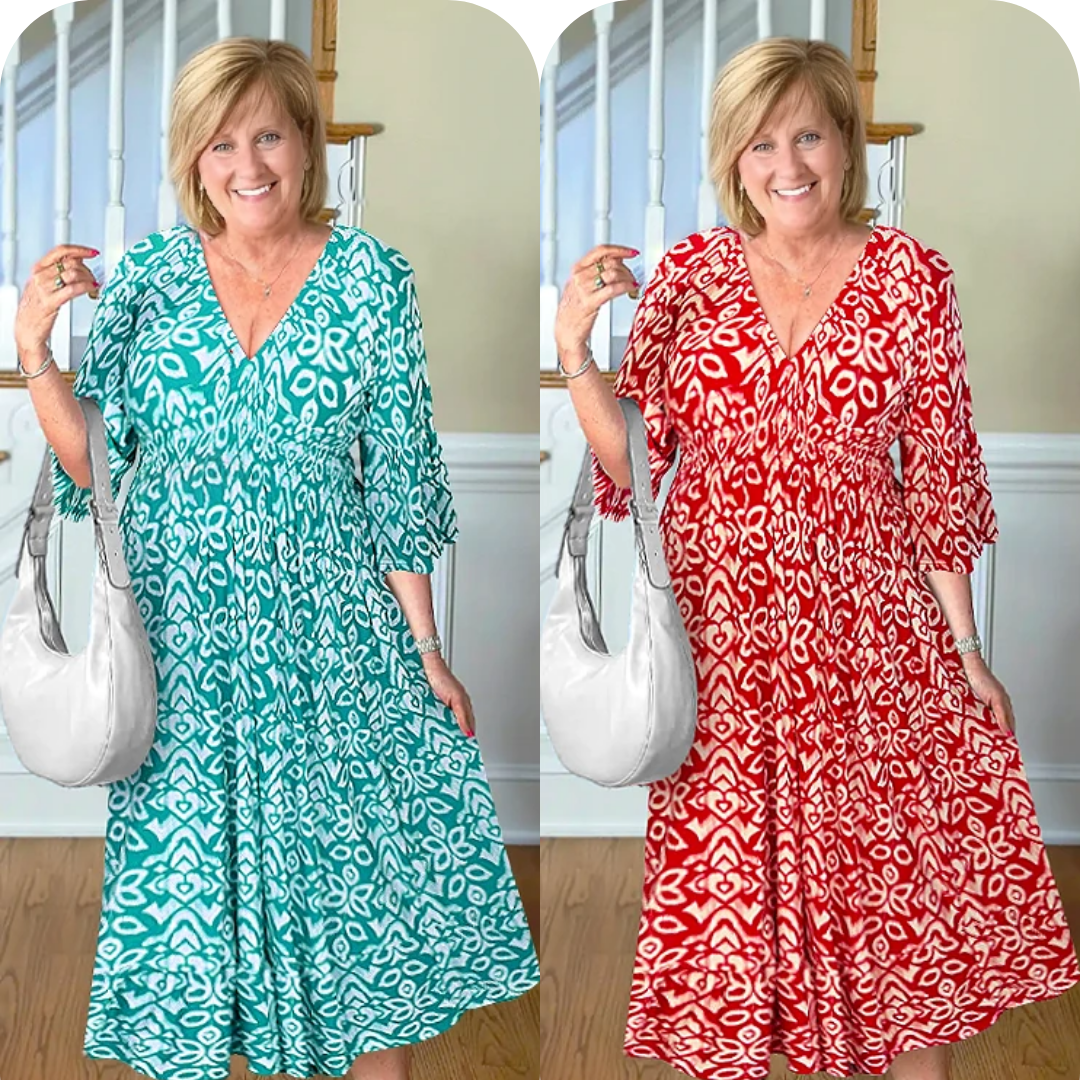 LAST DAY SALE 80% OFF - Bohemian Casual Print V-Neck Shirred Waist Long Dress