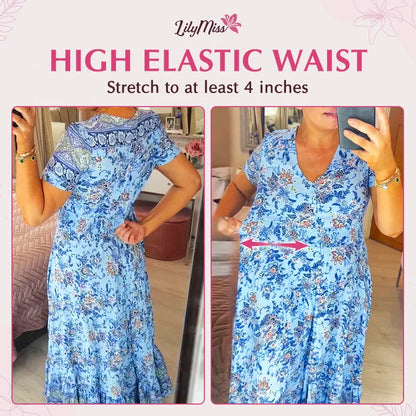 LilyMiss - Floral Casual Print V-Neck Shirred Waist Long Dress