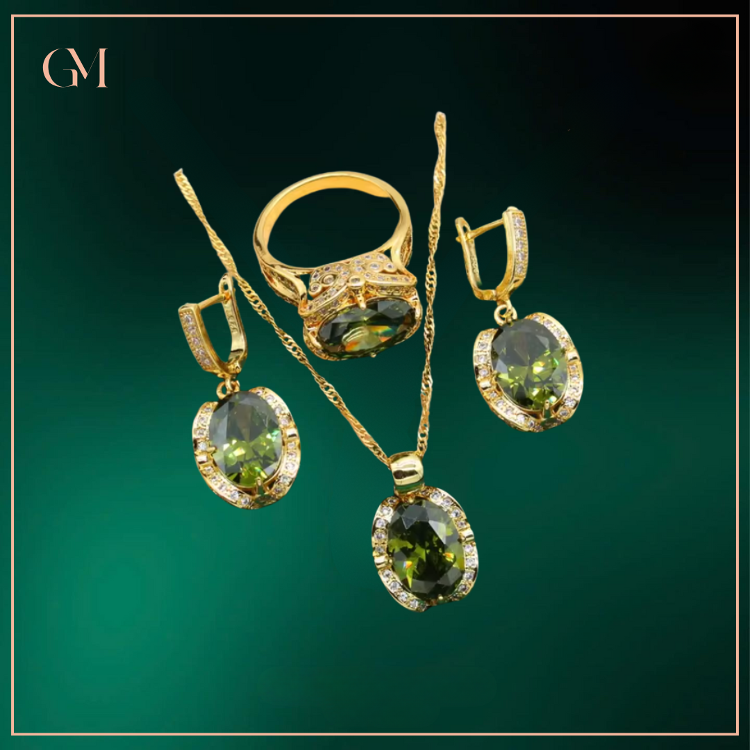 Geometric Wedding Jewelry Set - Starry 18K Yellow Gold Plated Pendant Earring Bracelet & Ring Set