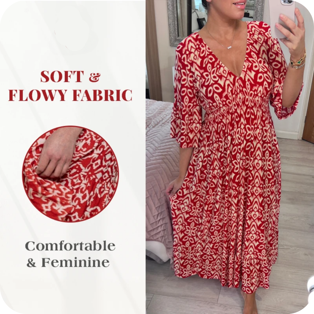 LAST DAY SALE 80% OFF - Bohemian Casual Print V-Neck Shirred Waist Long Dress
