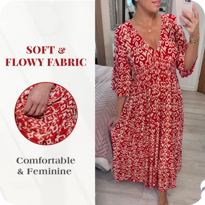 LAST DAY SALE 80% OFF - Bohemian Casual Print V-Neck Shirred Waist Long Dress