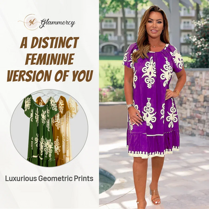 Geometric Pattern Multi Print Round Neck Dress