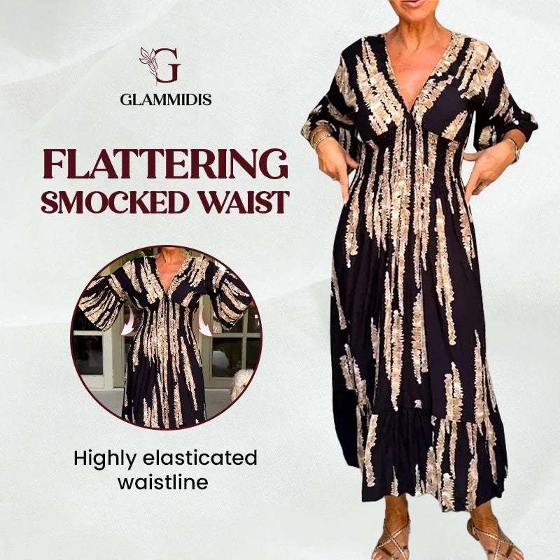 GlamMidis - Abstract-print V-neck Midi Dress