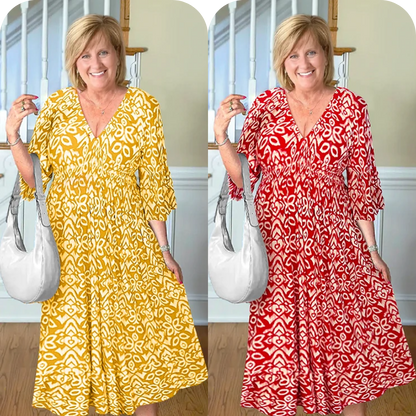 LAST DAY SALE 80% OFF - Bohemian Casual Print V-Neck Shirred Waist Long Dress