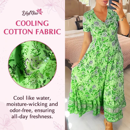 LilyMiss - Floral Casual Print V-Neck Shirred Waist Long Dress