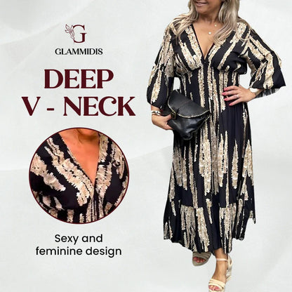 GlamMidis - Abstract-print V-neck Midi Dress