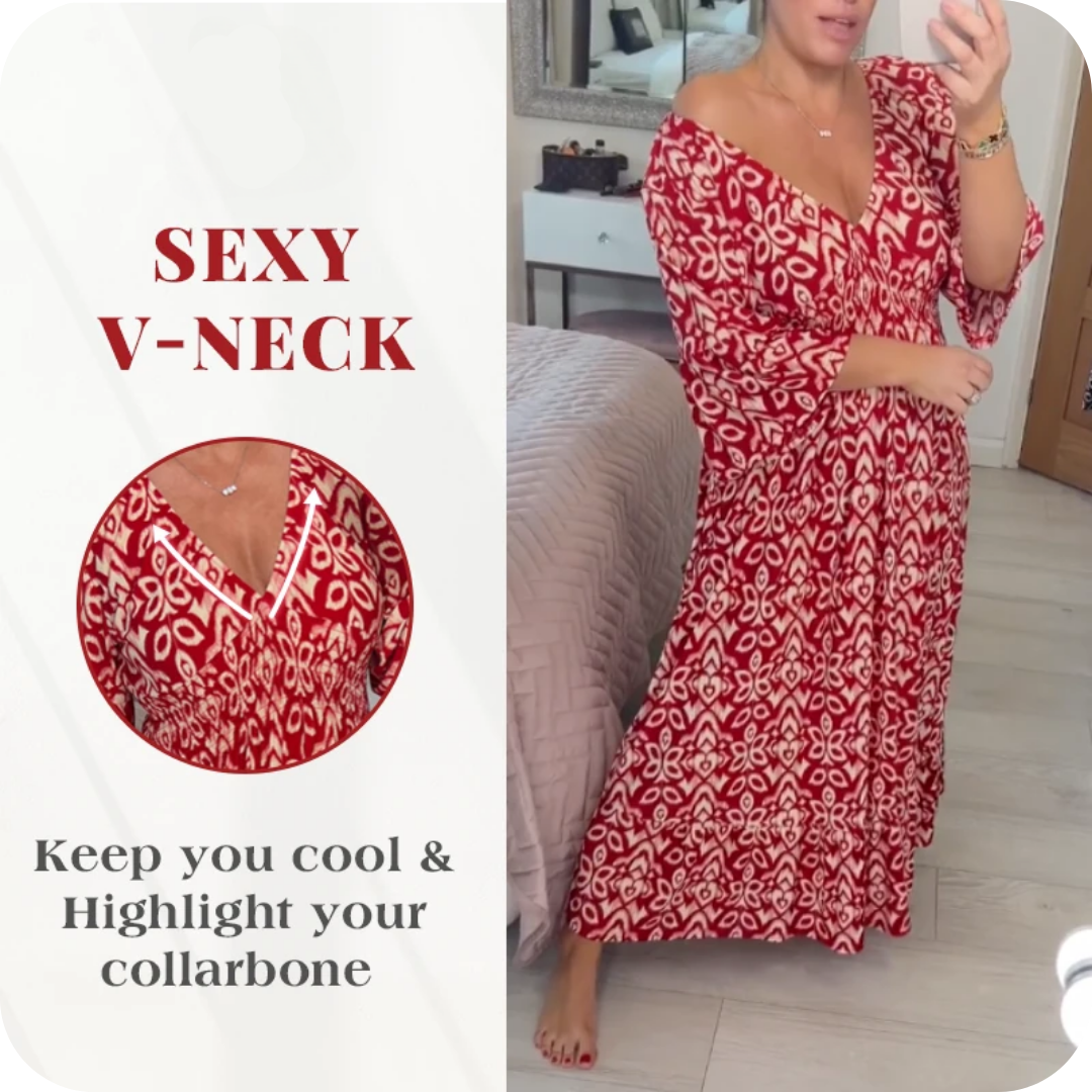 LAST DAY SALE 80% OFF - Bohemian Casual Print V-Neck Shirred Waist Long Dress