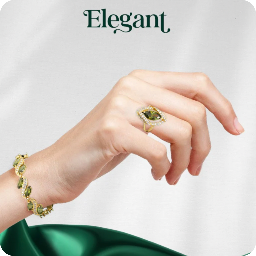 Dazzling Gold Female Jewelry - Sets 18K Gold Plated Peridot Ruby Pendant Earring Bracelet & Ring Set