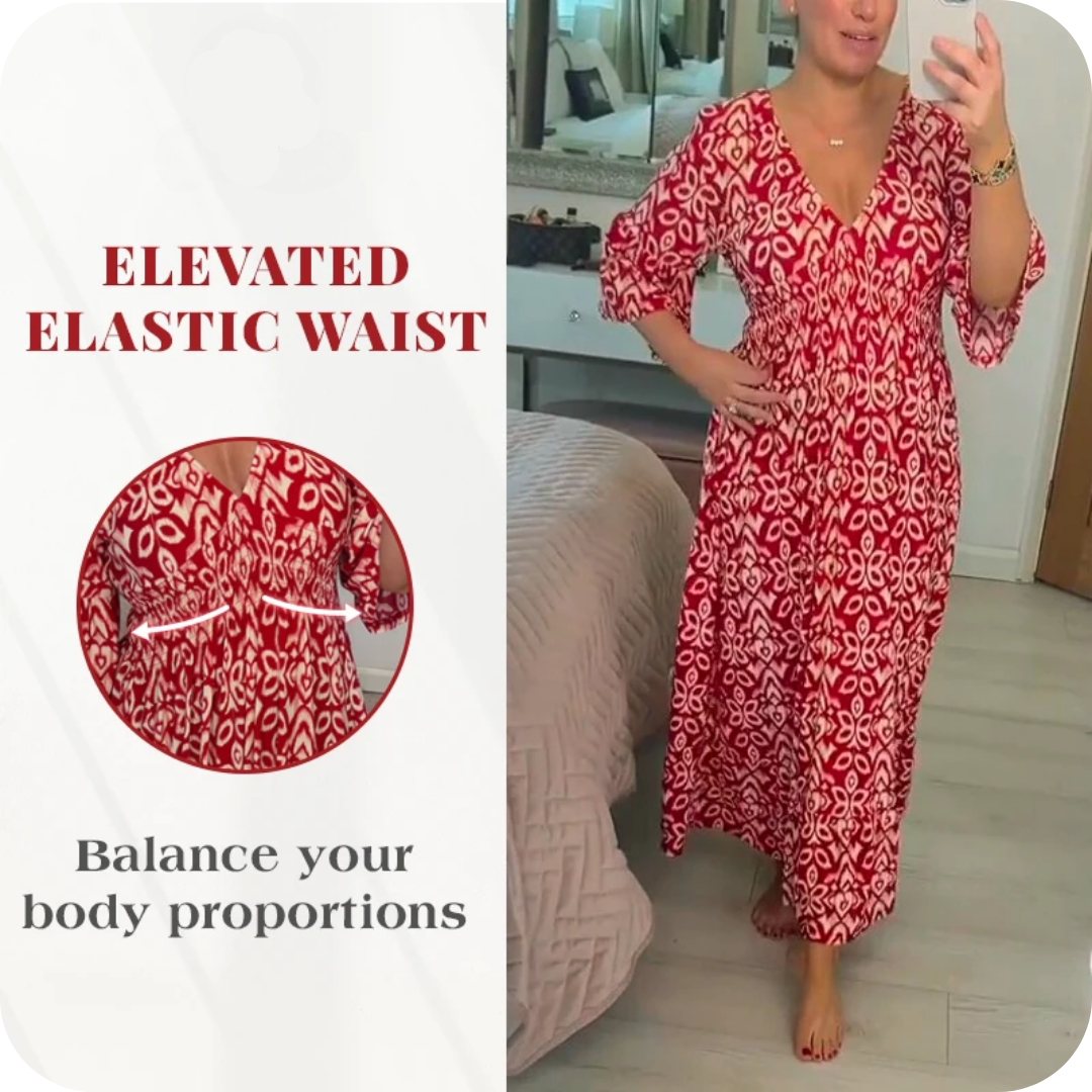 LAST DAY SALE 80% OFF - Bohemian Casual Print V-Neck Shirred Waist Long Dress