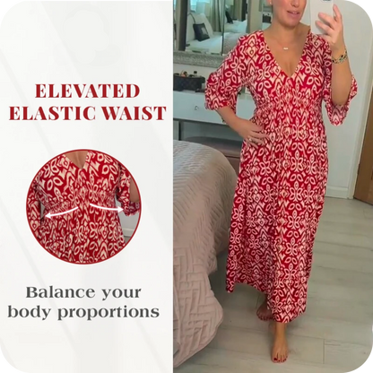 LAST DAY SALE 80% OFF - Bohemian Casual Print V-Neck Shirred Waist Long Dress