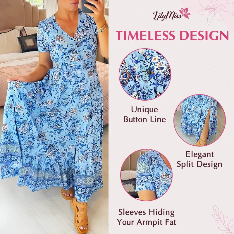 LilyMiss - Floral Casual Print V-Neck Shirred Waist Long Dress