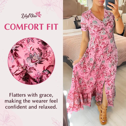 LilyMiss - Floral Casual Print V-Neck Shirred Waist Long Dress
