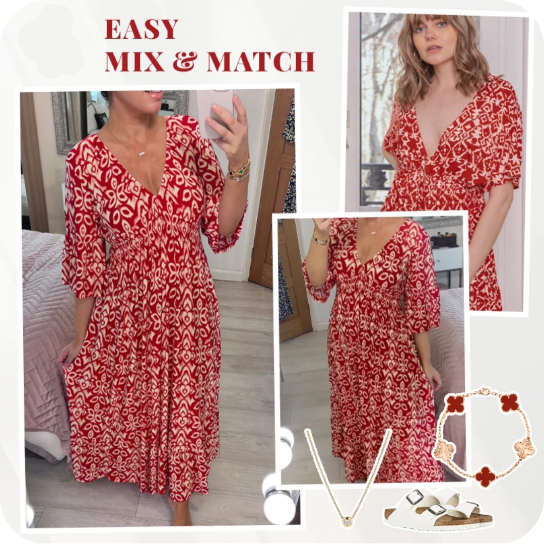 LAST DAY SALE 80% OFF - Bohemian Casual Print V-Neck Shirred Waist Long Dress
