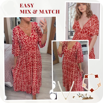 LAST DAY SALE 80% OFF - Bohemian Casual Print V-Neck Shirred Waist Long Dress