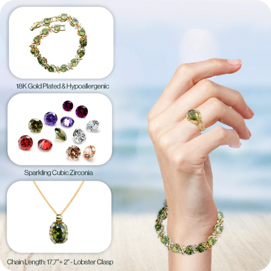 Dazzling Gold Female Jewelry - Sets 18K Gold Plated Peridot Ruby Pendant Earring Bracelet & Ring Set