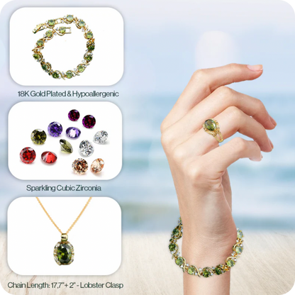 Dazzling Gold Female Jewelry - Sets 18K Gold Plated Peridot Ruby Pendant Earring Bracelet & Ring Set