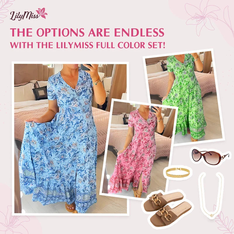 LilyMiss - Floral Casual Print V-Neck Shirred Waist Long Dress