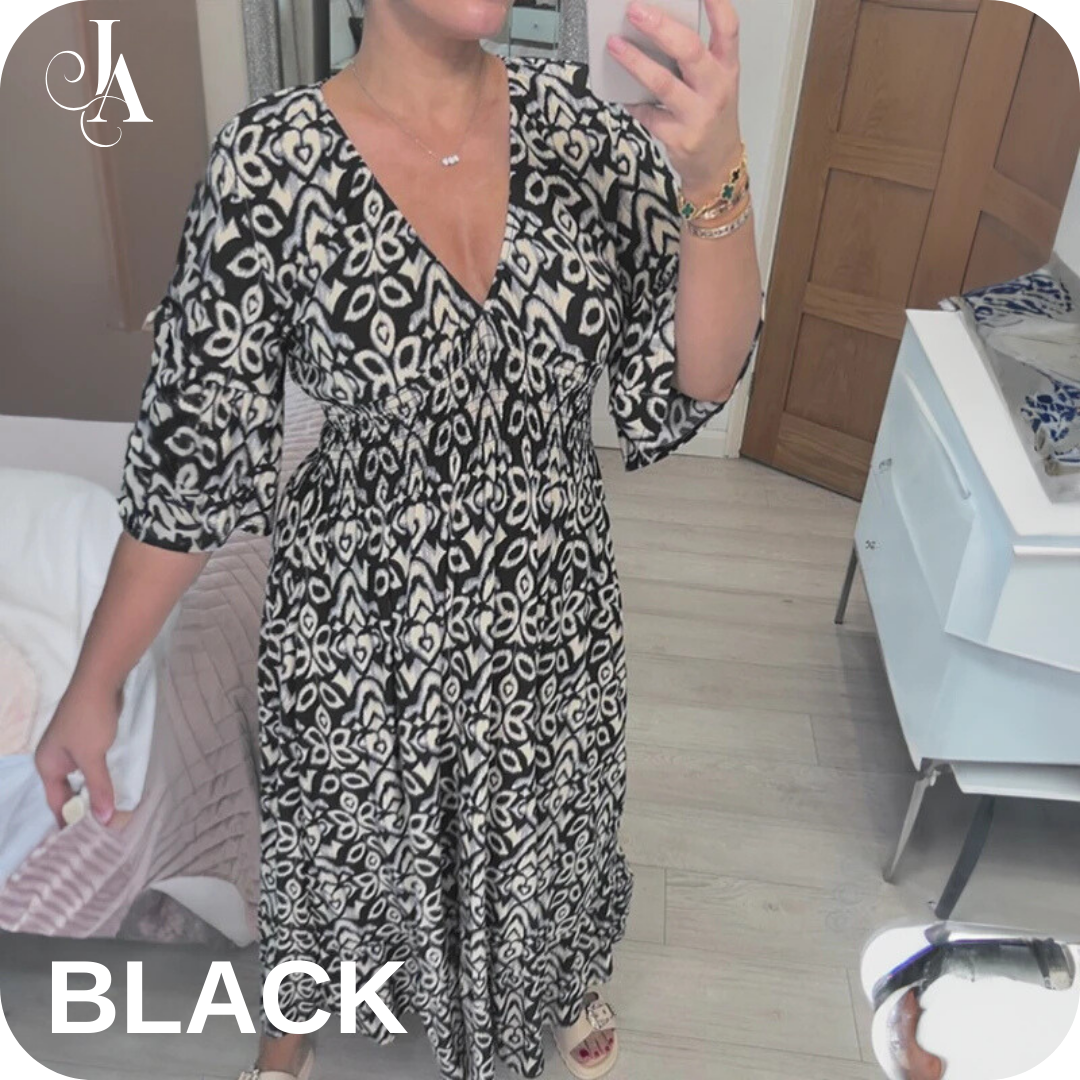 LAST DAY SALE 80% OFF - Bohemian Casual Print V-Neck Shirred Waist Long Dress