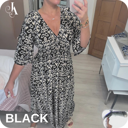 LAST DAY SALE 80% OFF - Bohemian Casual Print V-Neck Shirred Waist Long Dress