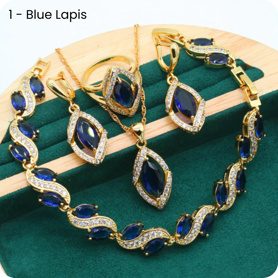 Dazzling Gold Female Jewelry - Sets 18K Gold Plated Peridot Ruby Pendant Earring Bracelet & Ring Set