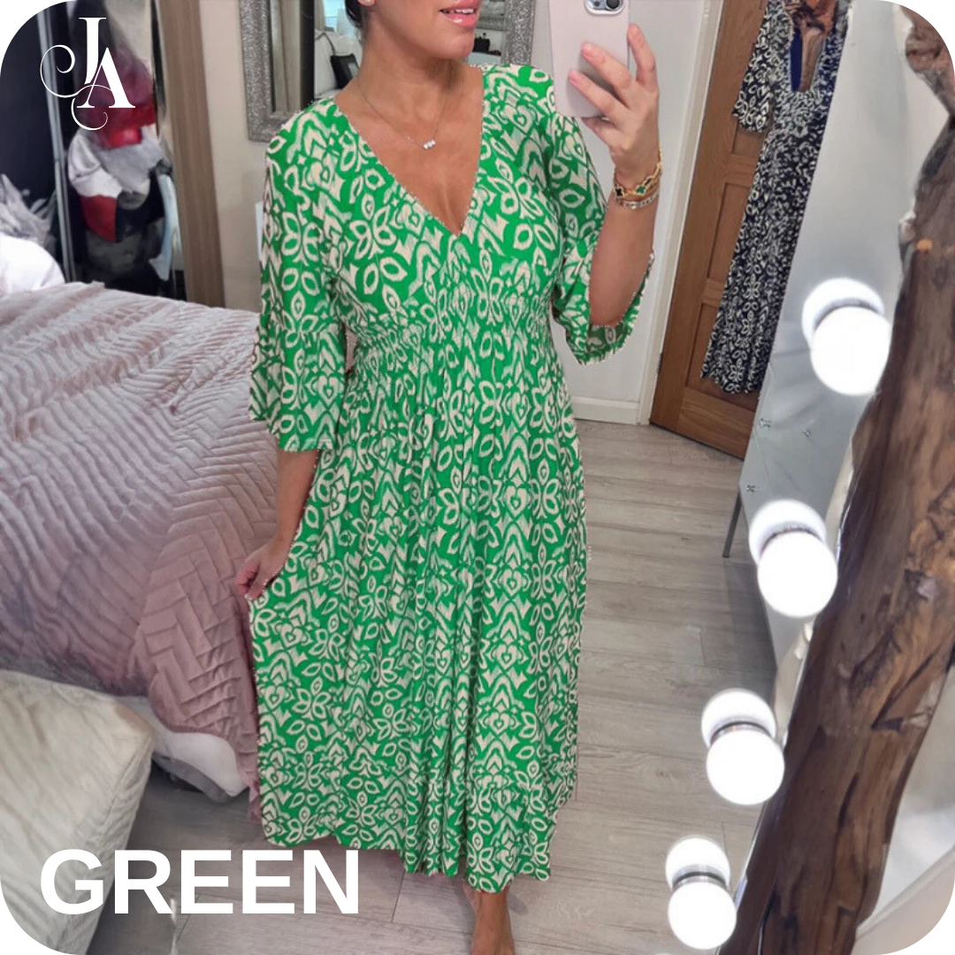 LAST DAY SALE 80% OFF - Bohemian Casual Print V-Neck Shirred Waist Long Dress