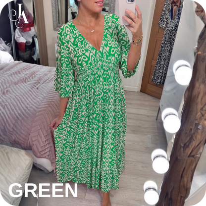 LAST DAY SALE 80% OFF - Bohemian Casual Print V-Neck Shirred Waist Long Dress