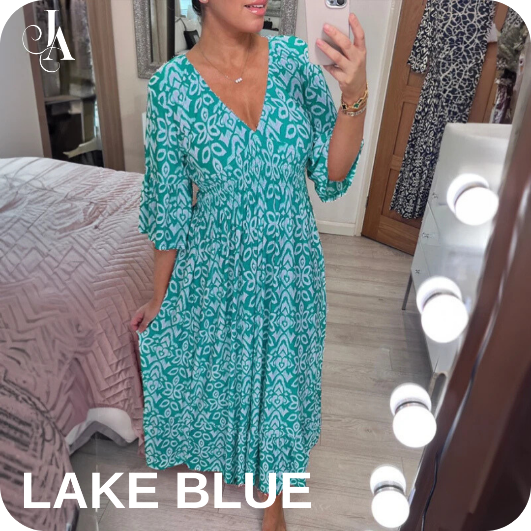 LAST DAY SALE 80% OFF - Bohemian Casual Print V-Neck Shirred Waist Long Dress