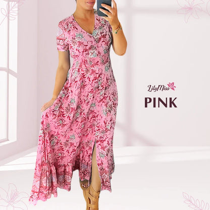 LilyMiss - Floral Casual Print V-Neck Shirred Waist Long Dress