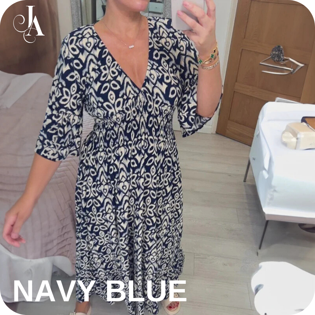 LAST DAY SALE 80% OFF - Bohemian Casual Print V-Neck Shirred Waist Long Dress