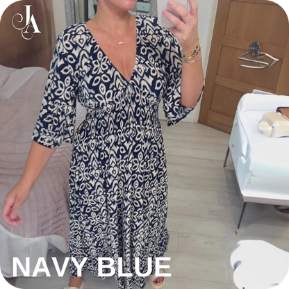LAST DAY SALE 80% OFF - Bohemian Casual Print V-Neck Shirred Waist Long Dress